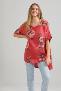 Contessa floral linen top. Red Bouquet