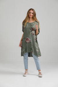 Rosabella floral linen top. Olive Green Bouquet