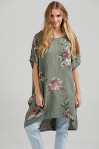 Rosabella floral linen top. Olive Green Bouquet