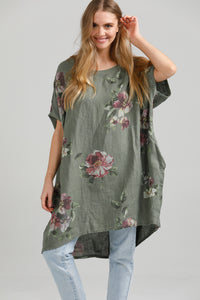 Rosabella floral linen top. Olive Green Bouquet