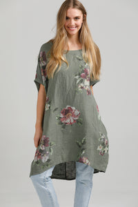 Rosabella floral linen top. Olive Green Bouquet