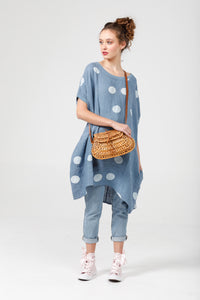 Rosabella Polka dot linen top. Denim Blue