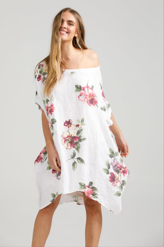Rosabella Floral Linen T-shirt Dress. White Bouquet