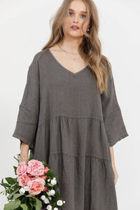 Stella linen dress. Charcoal.