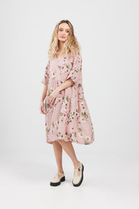 Stella floral linen dress. Dark Pink