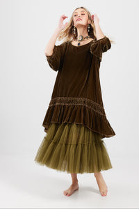 Violette velvet Luxury swing dress. Olive Green