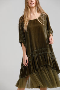 Violette velvet Luxury swing dress. Olive Green
