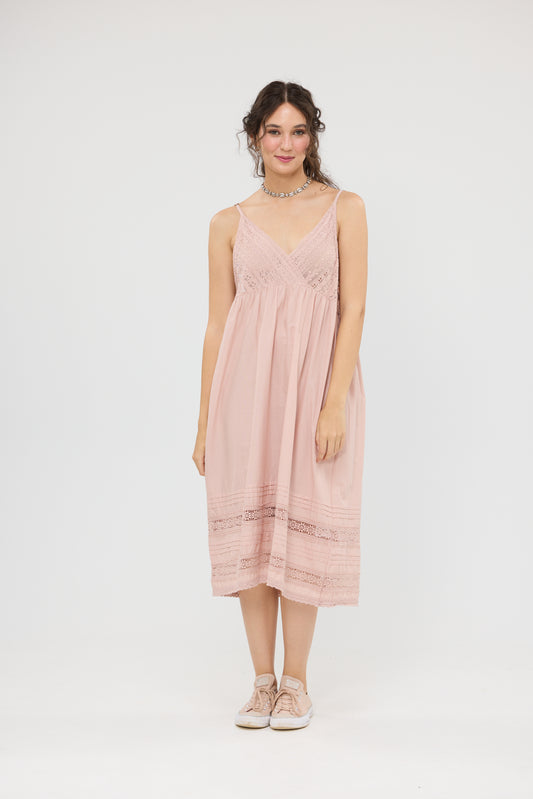 Blossomtime cotton & lace slip dress. Dusty Rose