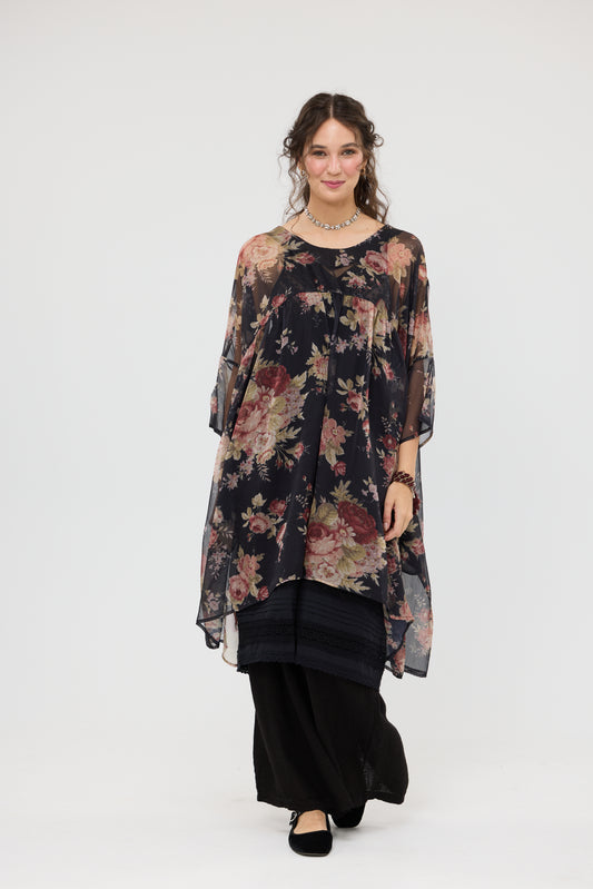 Larkspur Chiffon oversize dress. Midnight Rose.