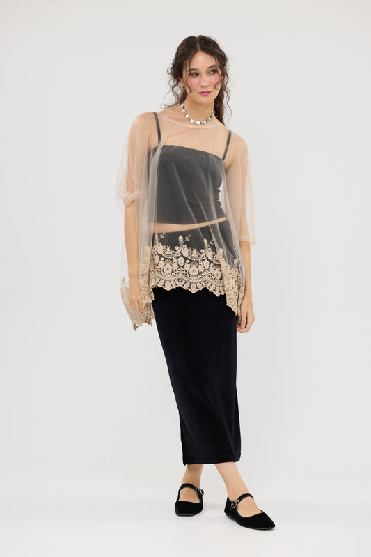 Chantilly sheer net and lace Romantic top. Champagne.