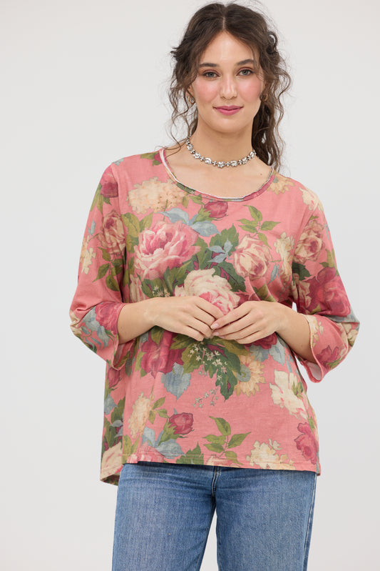 Talk To Me In Flowers Cotton Floral Tee – Vintage Inspired Relaxed Fit Top. Coral Bouquet