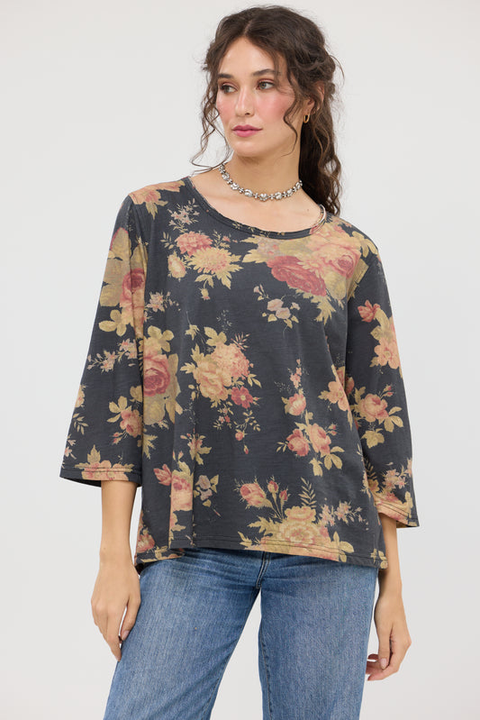 Talk To Me In Flowers Cotton Floral Tee – Vintage Inspired Relaxed Fit Top. Black Floral