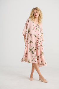 Stella floral linen dress. Dark Pink