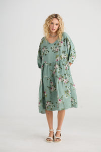 Stella floral linen dress. Jade Green