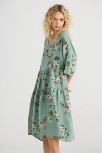 Stella floral linen dress. Jade Green