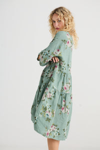 Stella floral linen dress. Jade Green