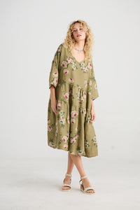 Stella floral linen dress.  Khaki