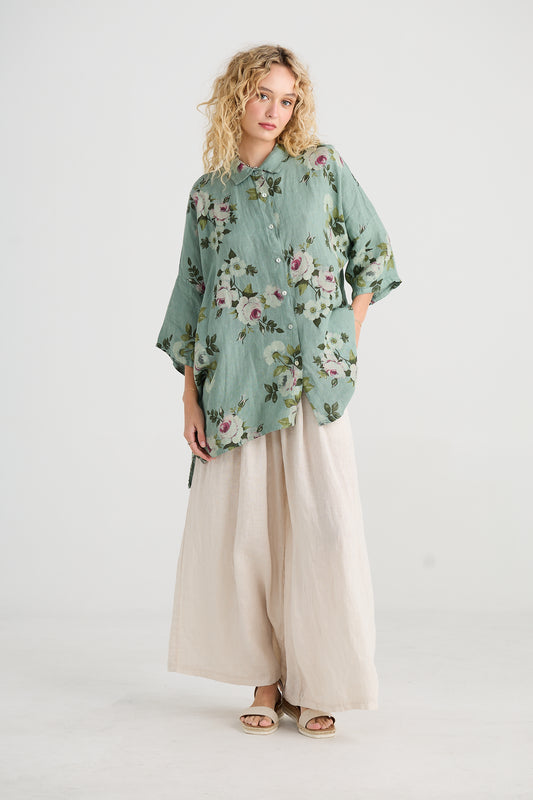 Teddy Floral linen shirt, Jade