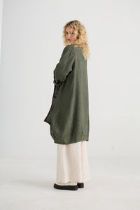 Harper Pure Linen Coat Jacket - Khaki Green