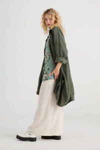 Harper Pure Linen Coat Jacket - Khaki Green