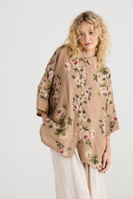 Teddy Floral linen shirt. Soft brown