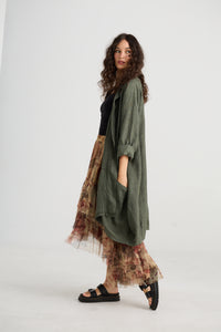 Harper Pure Linen Coat Jacket - Khaki Green