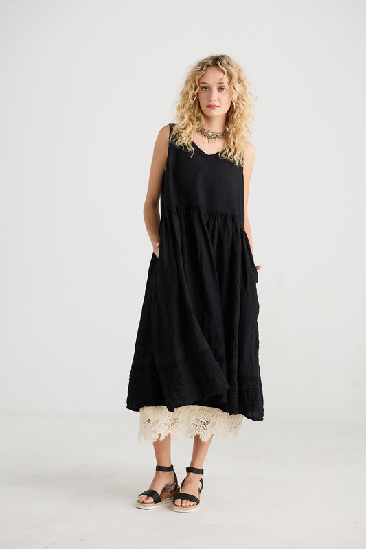 Cassandra Linen and Lace dress. Black
