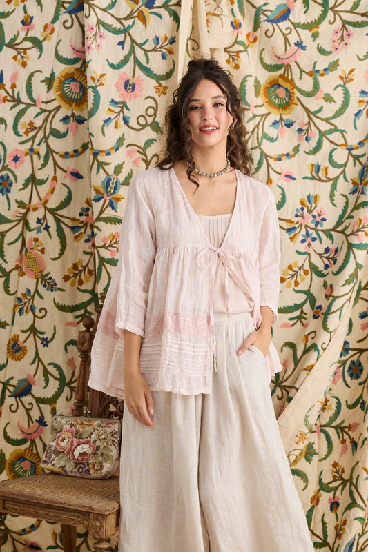 Elodie Short Linen gauze & Lace jacket. Powder Pink