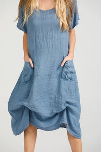 Primavera linen dress. Denim Blue