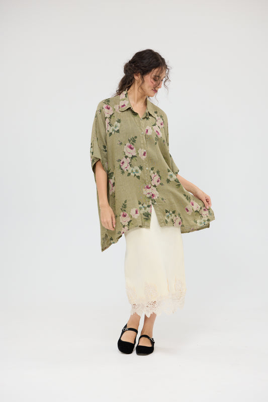 Teddy Floral linen shirt. Olive Green