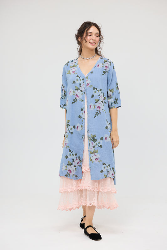 Abigail Floral Coatdress - Linen button up coat Denim Blue