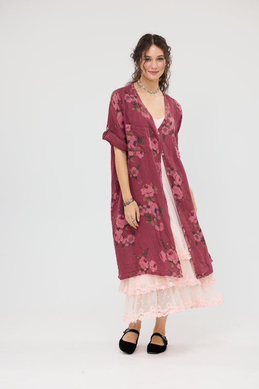 Abigail Floral Coatdress - Linen button up coat Cranberry