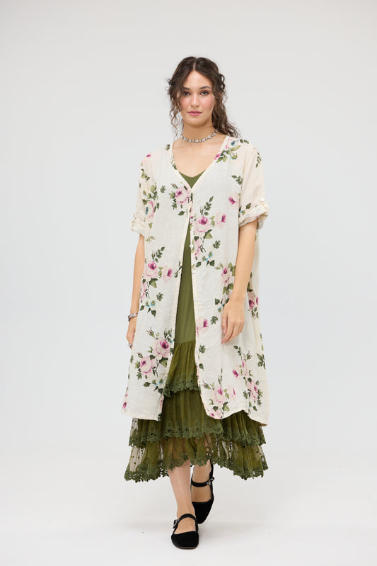 Abigail Floral Coatdress - Linen button up coat Cream