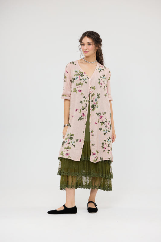 Abigail Floral Coatdress - Linen button up coat Dark Pink