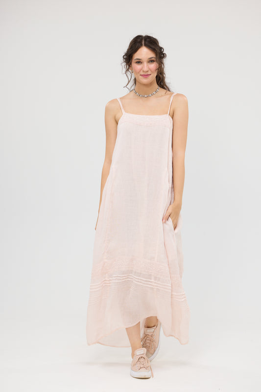 Isadore Long linen gauze cami dress. Powder Pink