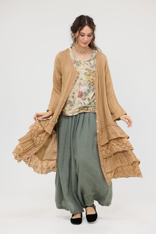 Florette linen and lace coat. Tobacco