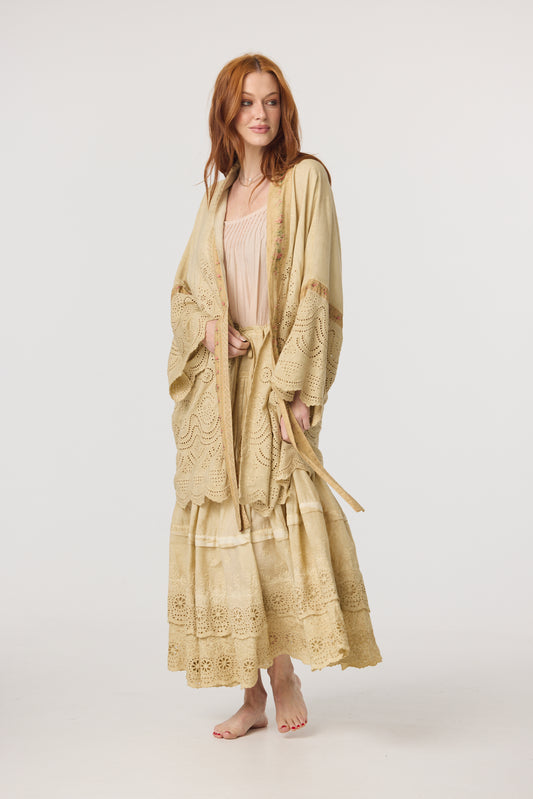 Columbine Linen + Cotton lace Kimono with French floral bordered edge and ties.
