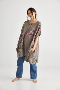 Rosabella floral linen top.  Mocha Bouquet