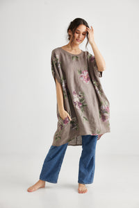 Rosabella floral linen top.  Mocha Bouquet