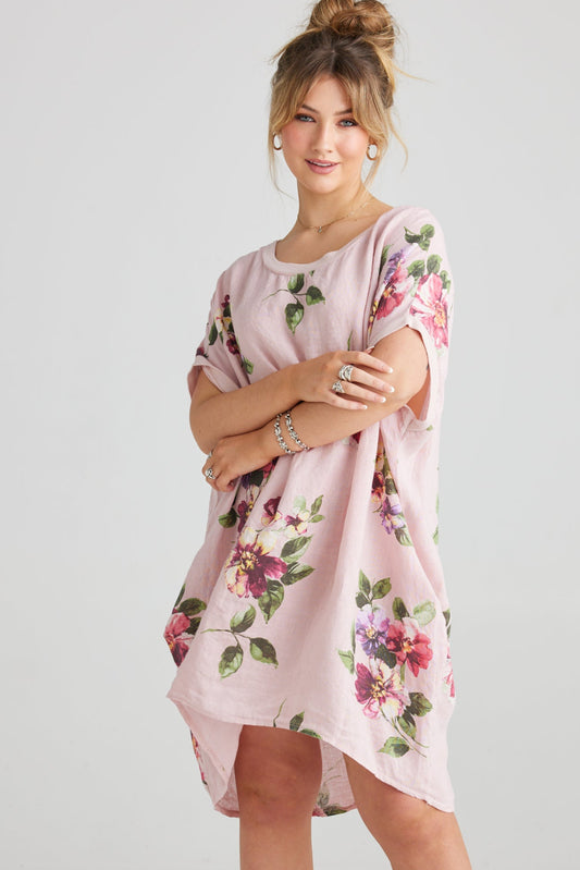 Rosabella Linen T-shirt Dress. Tearose Bouquet