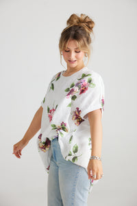 Rosabella floral linen top. White bouquet