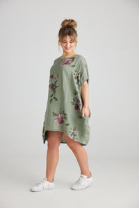 Rosabella floral linen top. Olive Green Bouquet