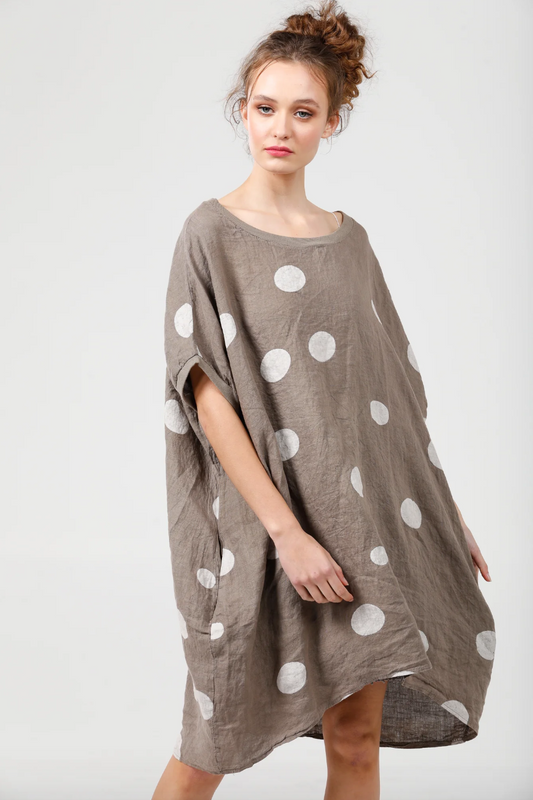 Rosabella Linen T-shirt Dress. Mocha Polka Dot