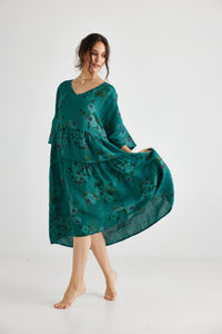 Stella floral linen dress. Peacock Green