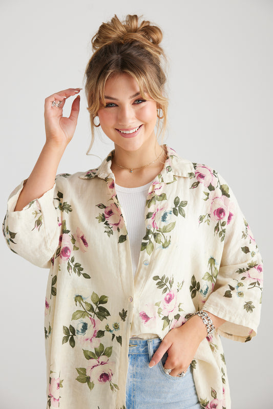 Teddy floral linen shirt. Cream Rose