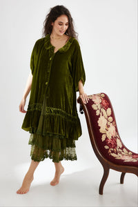 Florentine Velvet coat dress. Moss Green