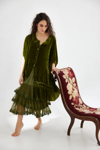 Florentine Velvet coat dress. Moss Green