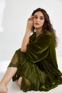 Florentine Velvet coat dress. Moss Green