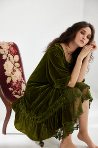 Florentine Velvet coat dress. Moss Green