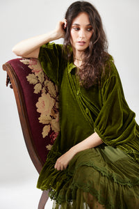 Florentine Velvet coat dress. Moss Green